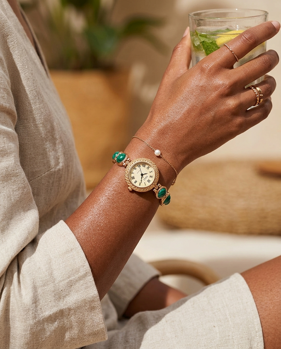 Gold textured-bezel Roman-dial watch with green face worn on the wrist, summer