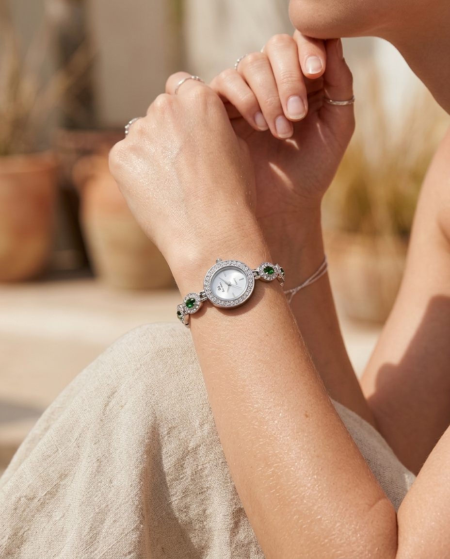Silver oval gemstone crystal-link watch with green face worn on the wrist, summer